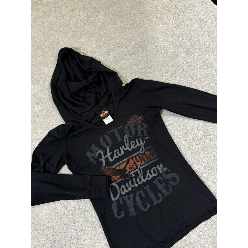 COPY - Harley Davidson Women's Black Scoop Neck Sheer Striped Hooded Shirt SZ L